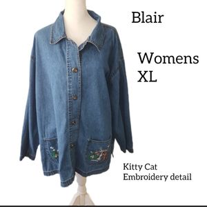 BLAIR WOMENS DENIM BUTTON DOWN SHIRT SIZE XL CAT EMBROIDERED